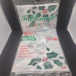 Vintage Tablemate Holiday Plastic Party Table Cover 54x96in. Christmas Holly